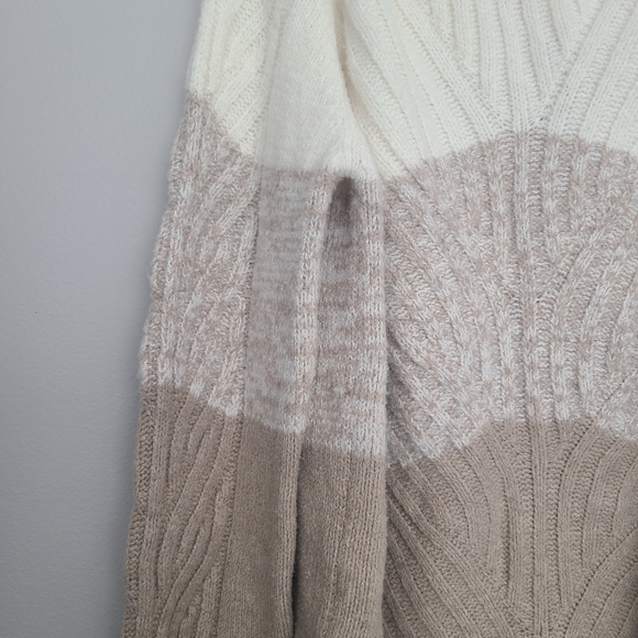 FATE Fuzzy Tan Multicolor Stripe Neutral Minimal Cozy Knit Woven Sweater XL nwt - Picture 2 of 9